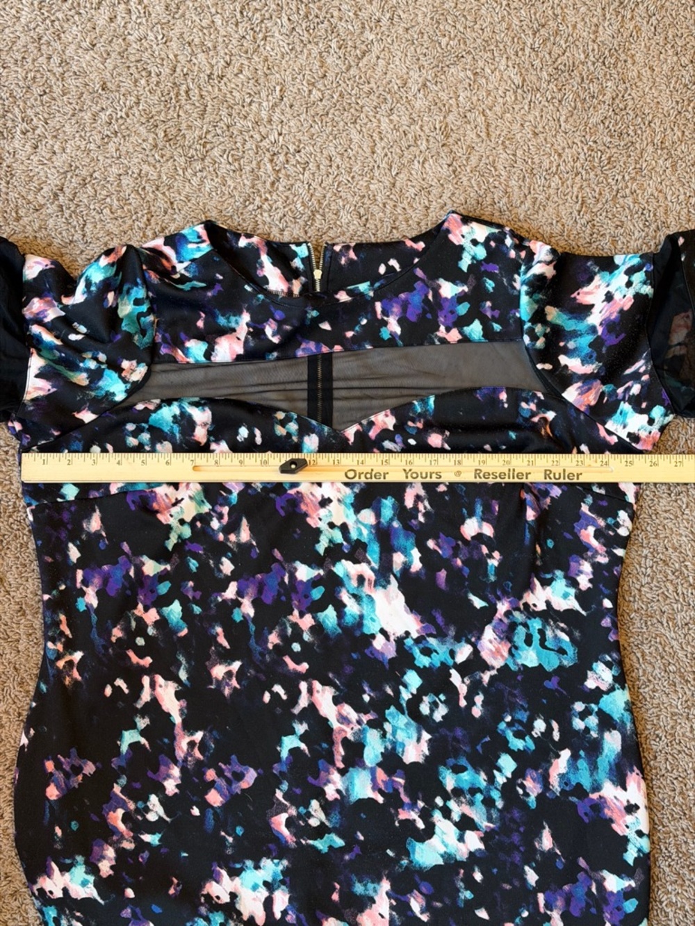Plus Size Black Floral Sheath Dress with Mesh Yoke - Picture 5 of 7